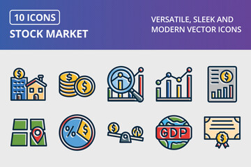 Stock Market Thick Line Filled Dark Colors Icon Set