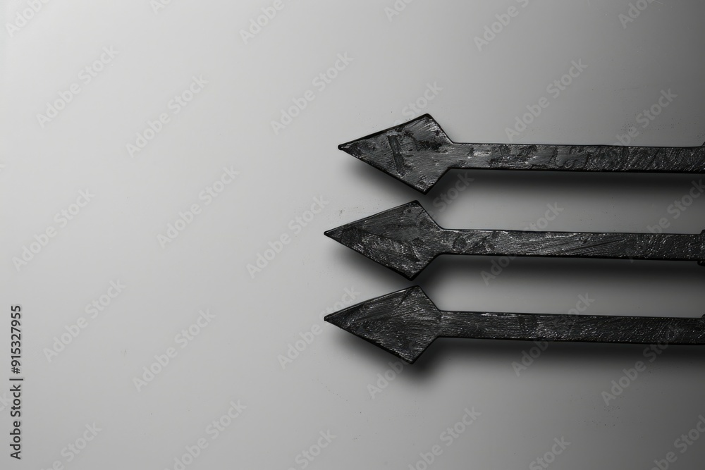Poster three metal arrows point in different directions, ready to be used as a symbol of direction, guidanc