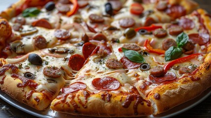 Delicious pepperoni and vegetable pizza served on a silver platter in a cozy restaurant setting