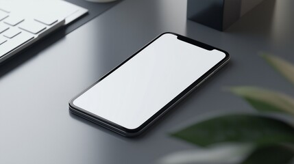 A phone with a blank screen on an office desk.