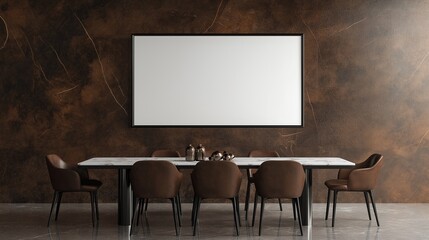 A dining table with a blank banner on the wall.