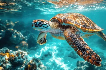 Fototapeta premium majestic sea turtle gliding through crystal clear tropical waters sunlight filtering through surface creating dappled patterns on its shell