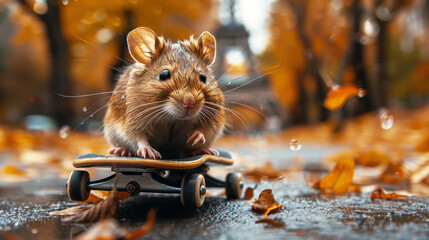 cute little mouse riding on a skateboard in a park during the autumn season