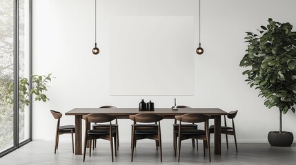 A dining table with a blank banner on the wall.