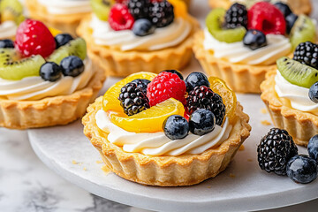 Classic fruit tarts with whipped cream and fresh berries on marble display