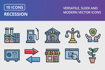 Recession Thick Line Filled Dark Colors icons Set