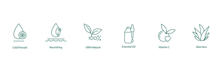 Cold-Pressed, Nourishing, 100% Natural, Essential Oil, Vitamin C, Aloe Vera Icon Set