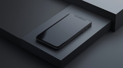 A phone with a blank screen rests on a black podium.