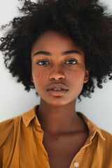 A detailed view of a person's facial features, featuring freckles and other distinctive marks