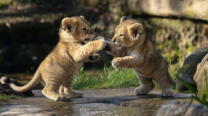 lion cubs play-fighting and exploring their surroundings, displaying their playful and curious...