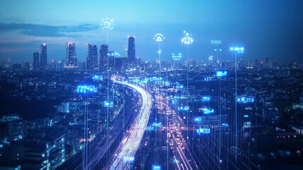 The buildings are adorned with antennas, satellite dishes, and other telecommunication devices, symbolizing connectivity.
