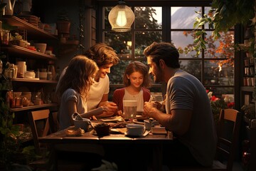A family cooking together in a cozy home kitchen