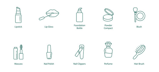 Lipstick, Lip Gloss, Foundation Bottle, Powder Compact, Blush, Mascara Vector Icon Set
