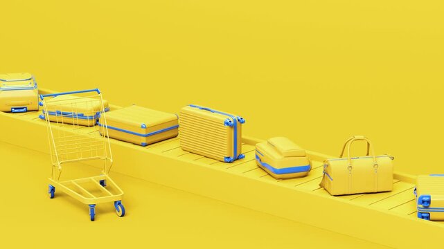 Yellow luggage on conveyor belt isometric perspective view. Airport baggage claim travel all in yellow background concept. Yellow pastel luggage mock up idea for travel, holidays, holidays promotion.