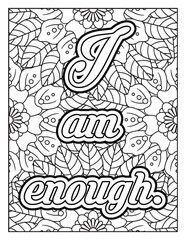 Positive affirmations for kids & students. Affirmation Quotes with flowers pattern. Hand drawn with black and white lines. Motivational quotes coloring page. Floral background coloring page 