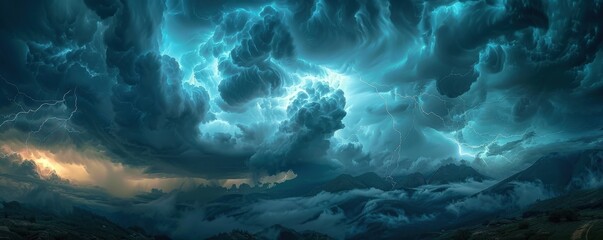 Stormy Sky Over Mountainous Landscape with Lightning Bolts