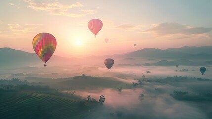 Fototapeta premium Hot Air Balloons Soaring Over Foggy Mountain Landscape