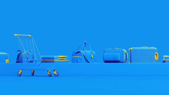 Blue luggage moving on conveyor belt side view. Airport baggage claim travel all in blue background concept. Blue pastel luggage mock up idea for travel, holidays, trip airport advertising promotion.