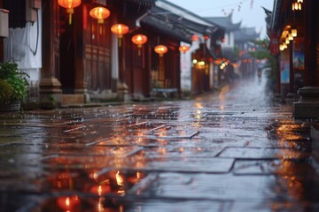 Obraz premium Street scene at night with wet pavement and lanterns lining the sidewalk