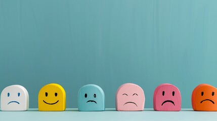 A Row of Colorful Wooden Blocks With Smiling and sad Faces Concept With Copy Space
