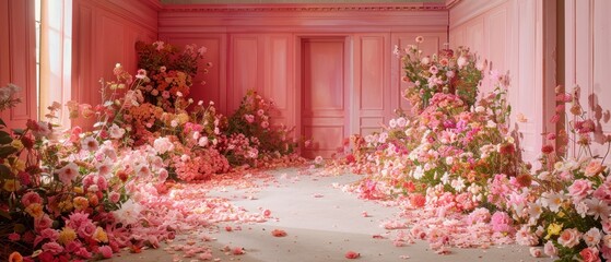 A beautifully decorated room with vibrant flowers in full bloom, creating a dreamy pink ambiance perfect for weddings, events, and celebrations.