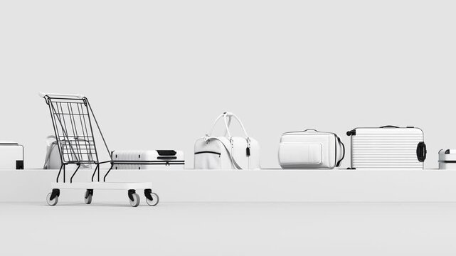White luggage moving on conveyor belt side view. Airport baggage claim travel all in white background concept. White pastel luggage mock up idea for travel, holidays, airport advertising promotion.