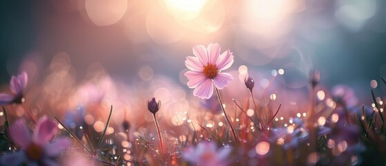 Beautiful pink flowers in a dewy meadow at sunrise, capturing the beauty of nature with soft focus and bokeh lights.