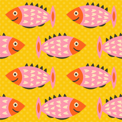 Naklejka premium Happy pink black and white 1960s mid century modern fish on bold retro yellow with dots
