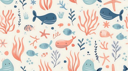 seamless pattern with imagine sea creature. Print for fabric, wrapping paper design. background. Sea, ocean concept