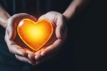 Obraz premium Heart glowing with radiant light, enveloped by strong hands, representing care and fortitude, Heart care, Strength concept