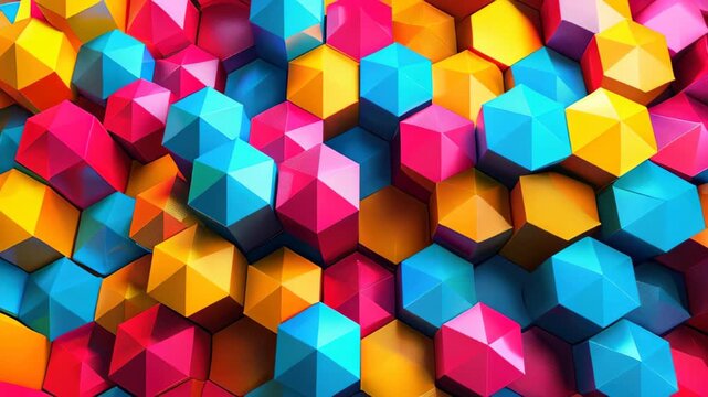 Hexagonal prisms in an abstract 3D geometric tessellation with bright primary colors, seamless pattern, high resolution. 3D geometric pattern