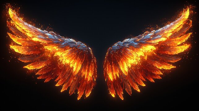 Side view of burning white angel wings on a black background vector anime illustration.