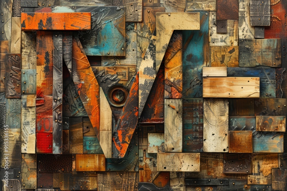 Fototapete an artistic collage illustration of the letter m composed of various textures and materials creating