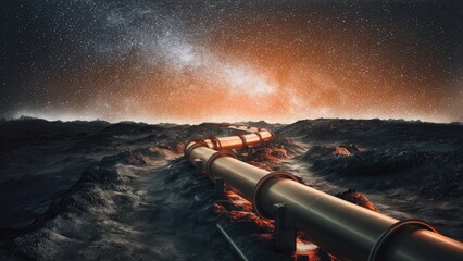 A vibrant digital illustration of an industrial pipeline winding through rugged landscape beneath a captivating starry sky evoking themes of exploration and limitless energy potenti