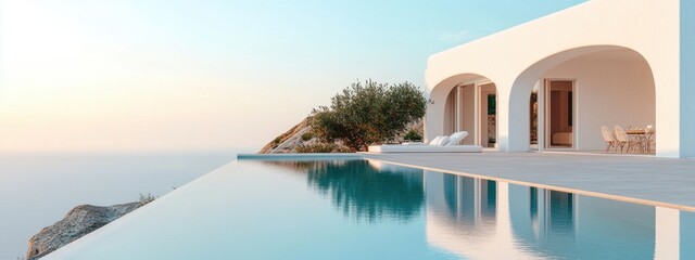 Commercial photography, traditional mediterranean white house with swimming pool on a hill with stunning sea view. Summer vacation background, studio light, simple pastel background
