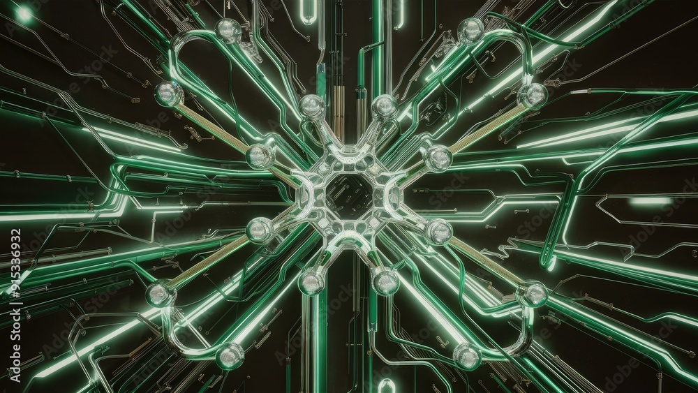 Poster abstract technology and engineering design with green connections in a plexus framework