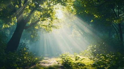 A vibrant forest with sunlight filtering through the leaves, showcasing the beauty of natural light.