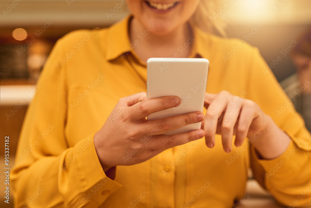 Poster hands, woman and happy at office with smartphone for networking, communication and connection. busin