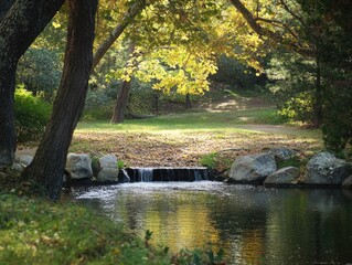 Tranquil Park Pathway with Autumn Foliage and Serene Pond