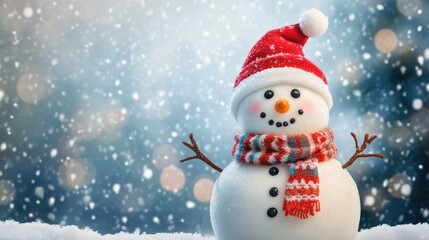 Fototapeta premium Adorable cartoon snowman with a festive background, clear area for text.