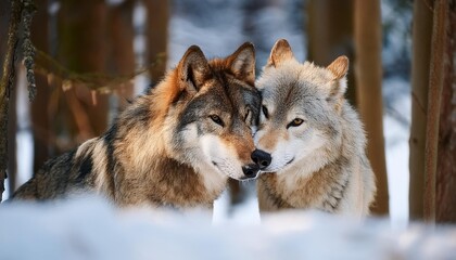 Obraz premium A pair of wolves nuzzling each other in a snowy woodland.