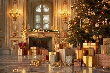 Christmas Tree with Black and Gold Presents Against a Rustic Wooden Wall: A Cozy and Elegant Holiday Display with Seasonal Charm