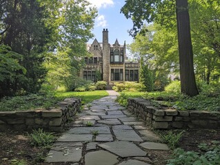Historic Stone Mansion Surrounded by Lush Greenery with a Cobblestone Pathway