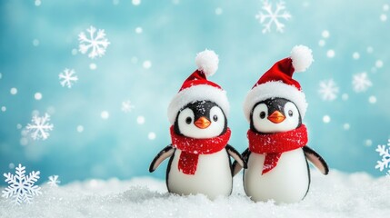 Obraz premium Adorable Christmas penguins with snowflakes, blank space for text.