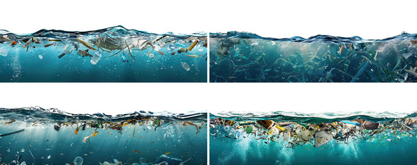 Set of oceanic plastic waste scenes, cut out
