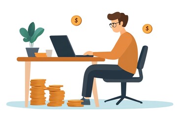 Man working on laptop with money falling on the floor.