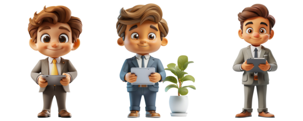 Three cartoon characters with brown hair in business suits holding tablets, each in a different pose isolated on transparent background