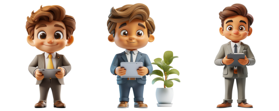 Three cartoon characters with brown hair in business suits holding tablets, each in a different pose isolated on transparent background - Powered by Adobe