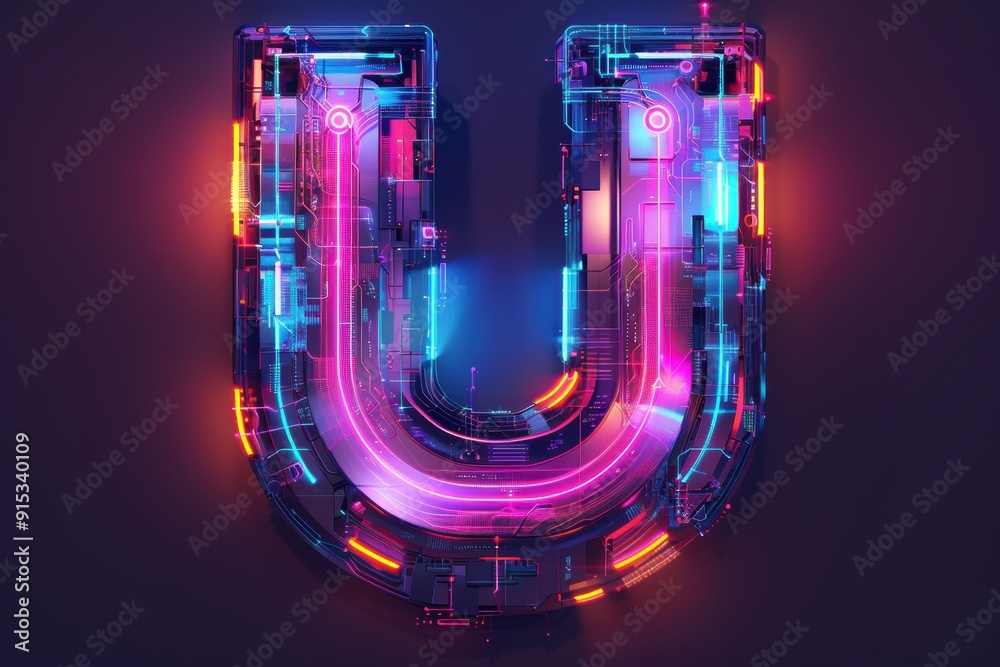 Fototapete a futuristic illustration of the letter u with a digital-inspired design and neon colors creating a 