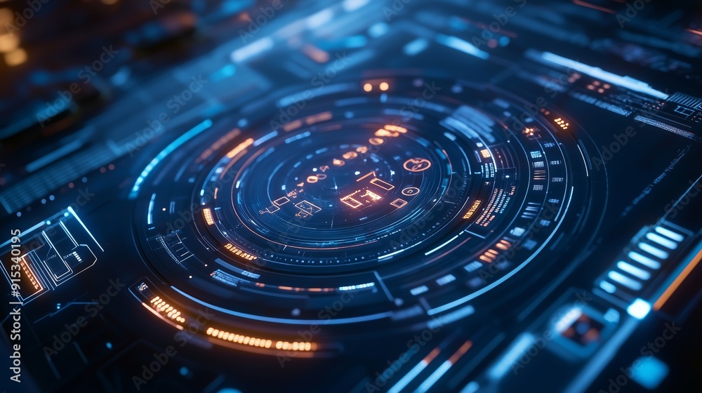 Poster a futuristic digital interface displaying intricate data visualization with bright blue and orange n